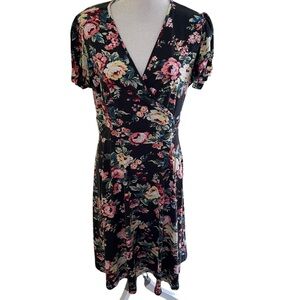 Nemidor Black with Pink/Yellow Floral Print Surplice Short sleeve Aline Dress 18